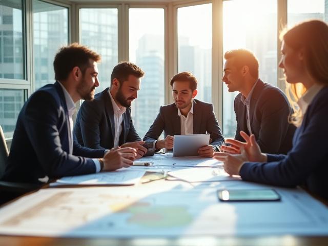 Un equipo de profesionales colaborando en una estrategia, con elementos abstractos de patrones geométricos que sugieren innovación y sabiduría antigua.